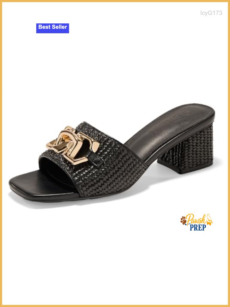 Raffia Slide Sandals Square Open Toe Chunky Heeled Metal Chain Dressy Shoes